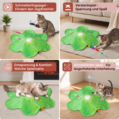 Interaktives 3-in-1-Katzenspielzeug mit Schmetterling – Spielmatte mit Schmetterling und Feder-Spielzeug