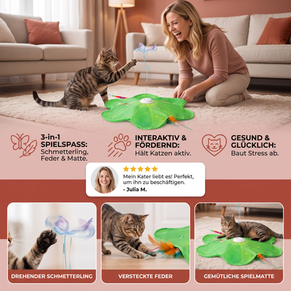 Interaktives 3-in-1-Katzenspielzeug mit Schmetterling – Spielmatte mit Schmetterling und Feder-Spielzeug