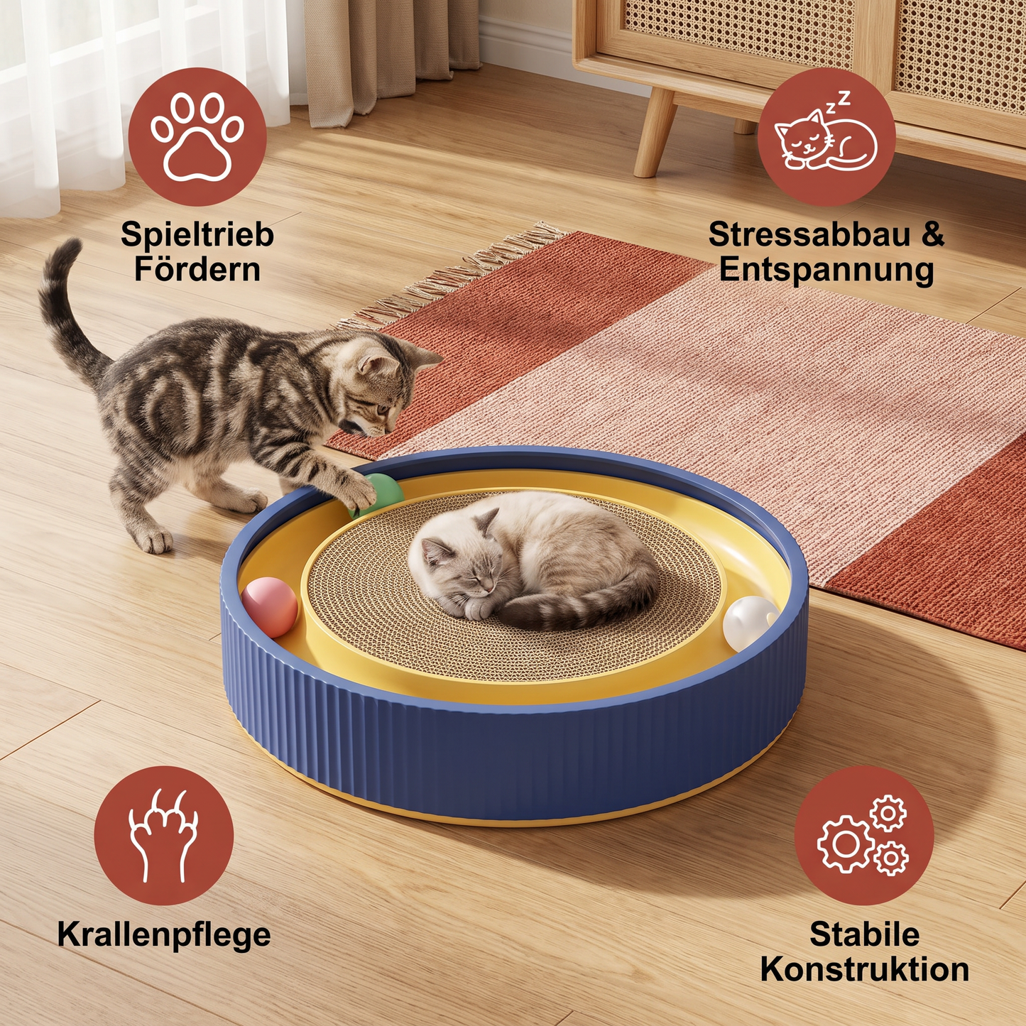 Interaktives Kratzbrett für Katzen mit Rollenden Bällen und Entspannungsbereich