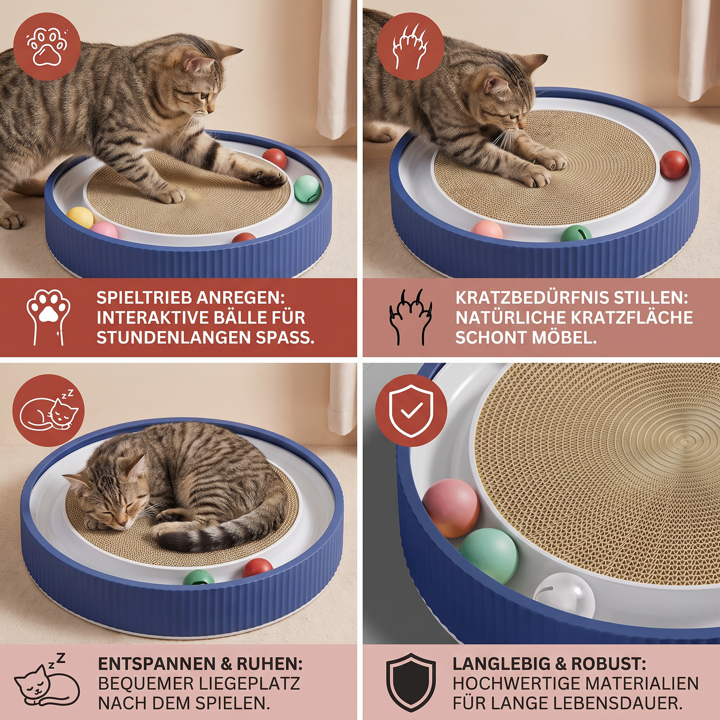 Interaktives Kratzbrett für Katzen mit Rollenden Bällen und Entspannungsbereich