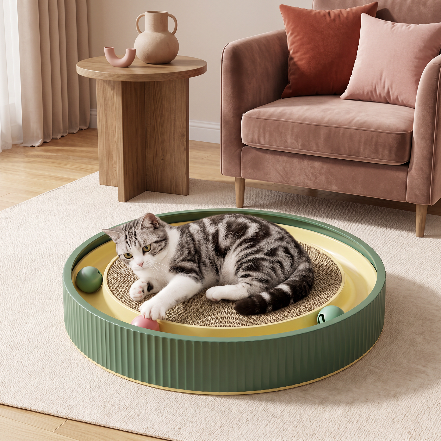 Interaktives Kratzbrett für Katzen mit Rollenden Bällen und Entspannungsbereich