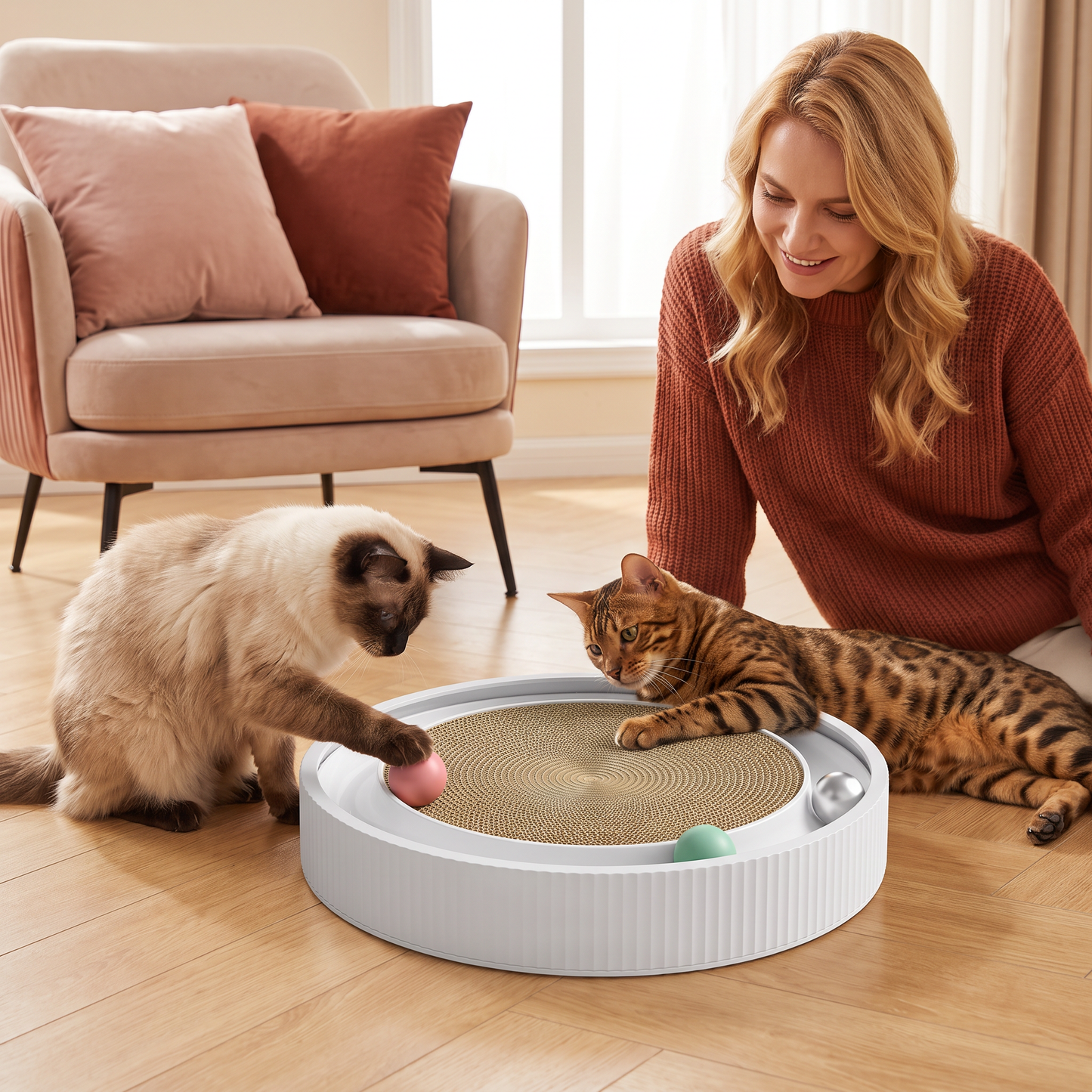 Interaktives Kratzbrett für Katzen mit Rollenden Bällen und Entspannungsbereich