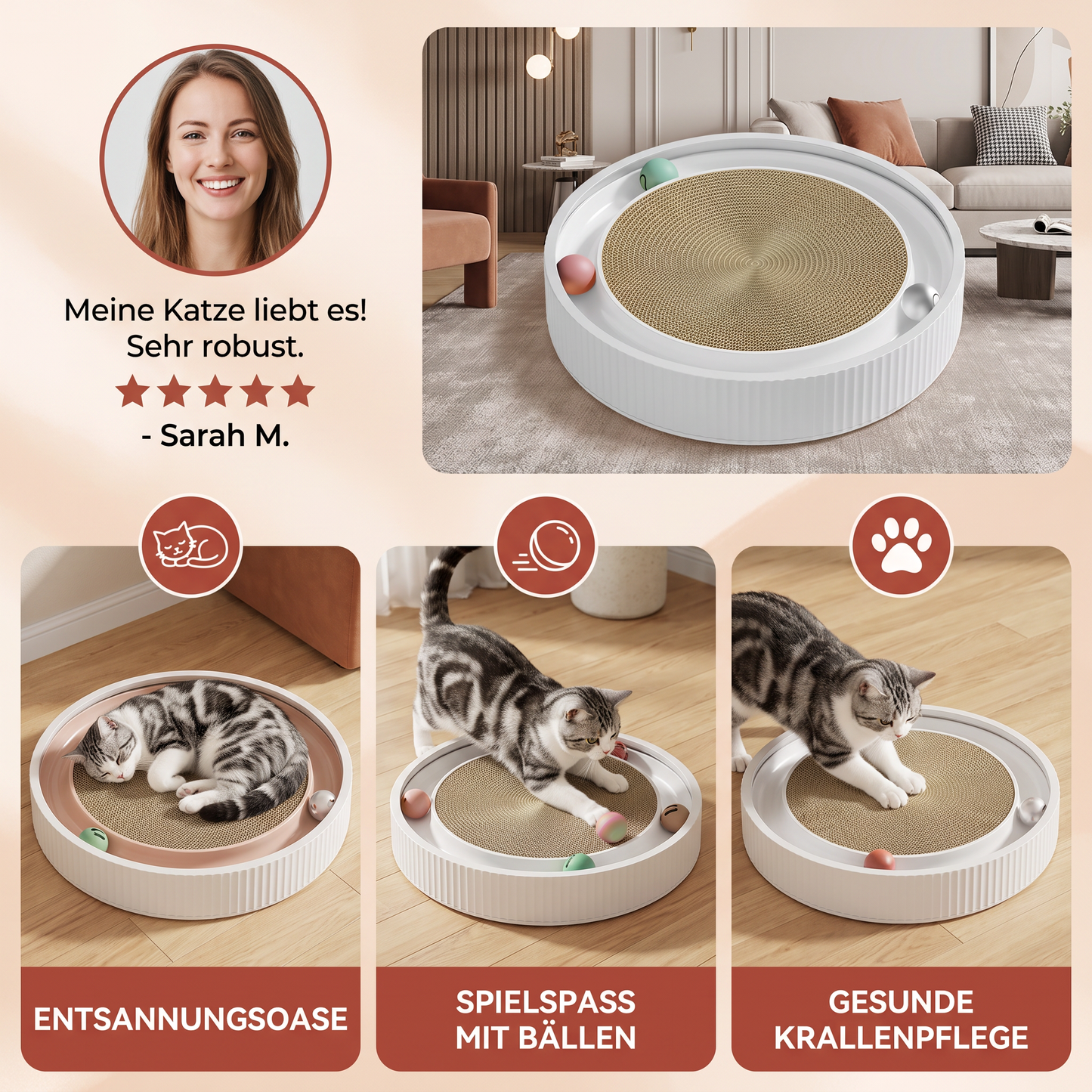 Interaktives Kratzbrett für Katzen mit Rollenden Bällen und Entspannungsbereich