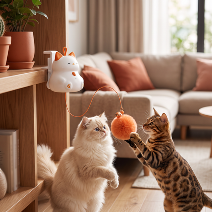 Interaktives, wiederaufladbares Katzenspielzeug – Automatischer Pompon-Wurfspielzeug mit Hebemechanismus