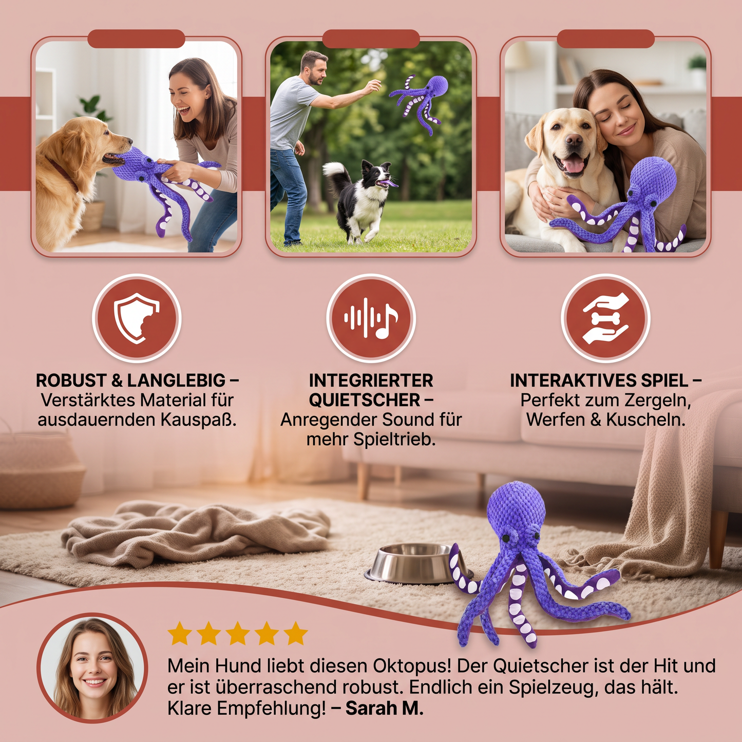 Großes Oktopus-Plüschspielzeug mit Quietscher für Hunde