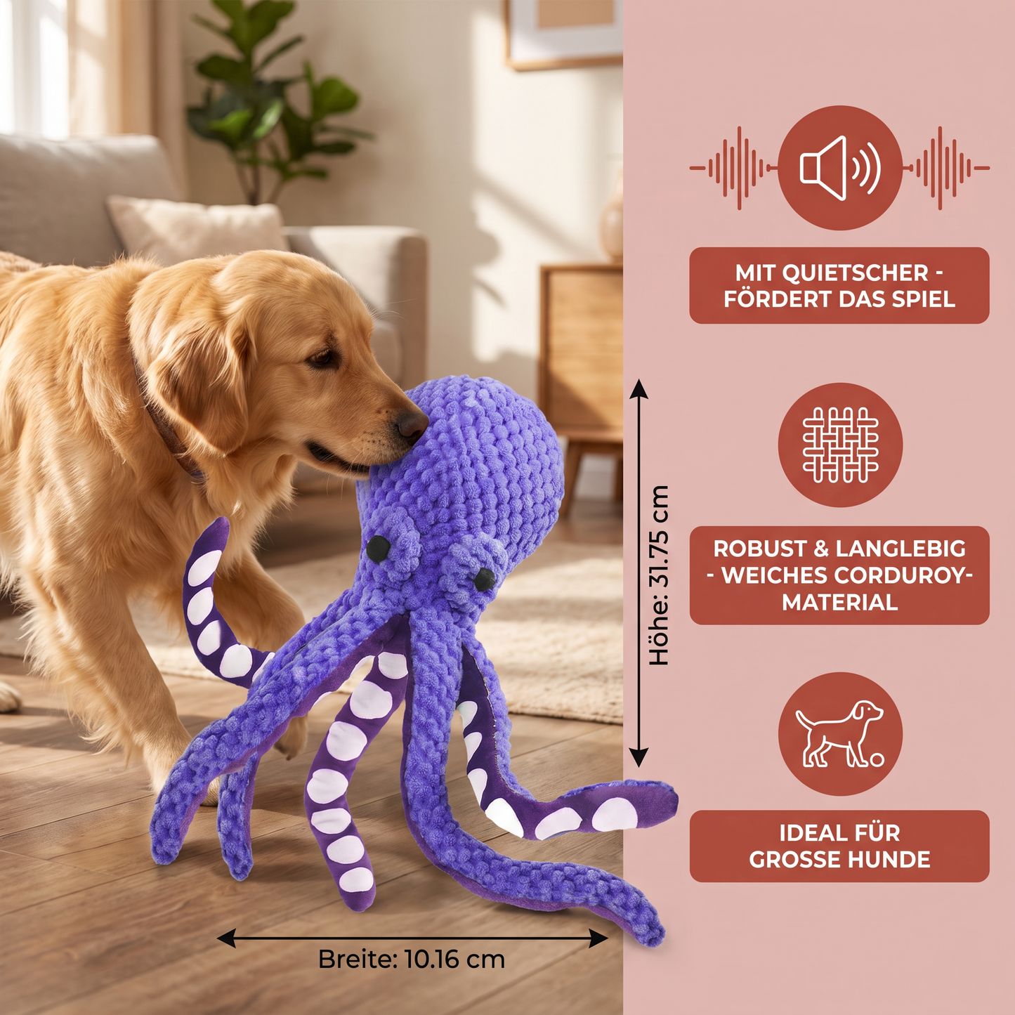 Großes Oktopus-Plüschspielzeug mit Quietscher für Hunde