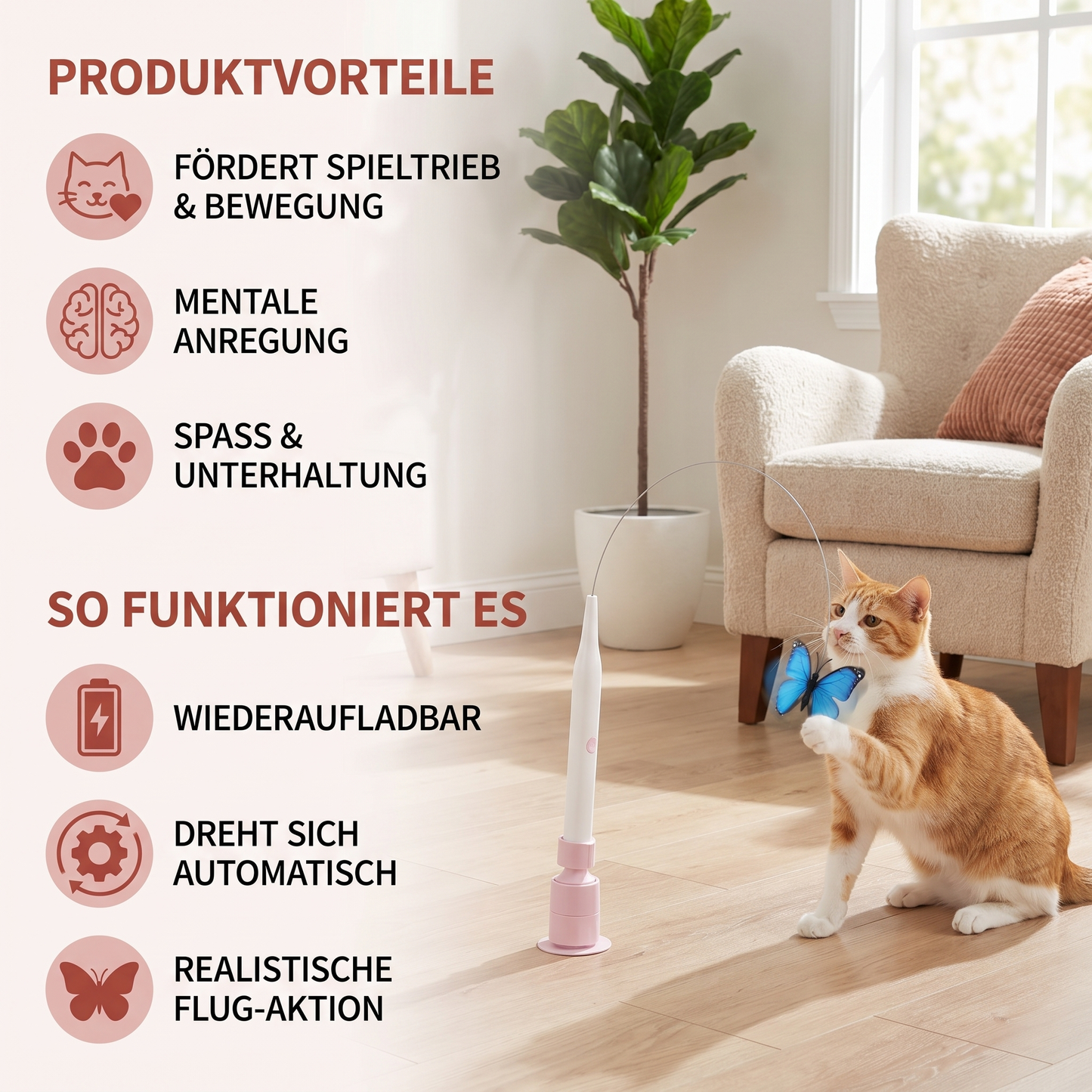 Interaktives, sich drehendes Schmetterlings-Katzenspielzeug – Wiederaufladbarer Bewegungs-Reizstab
