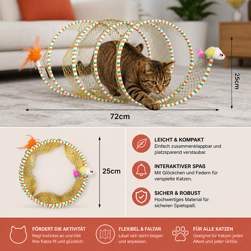 Faltbarer spiralförmiger Katzen-Spieltunnel mit Feder-Glöckchen