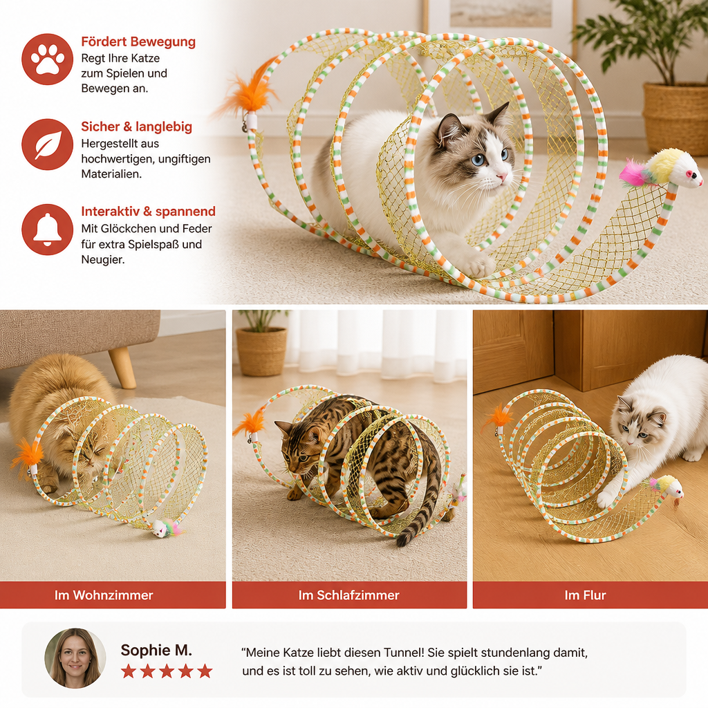 Faltbarer spiralförmiger Katzen-Spieltunnel mit Feder-Glöckchen