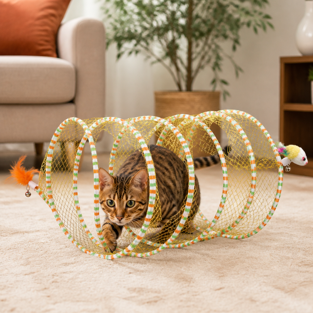 Faltbarer spiralförmiger Katzen-Spieltunnel mit Feder-Glöckchen