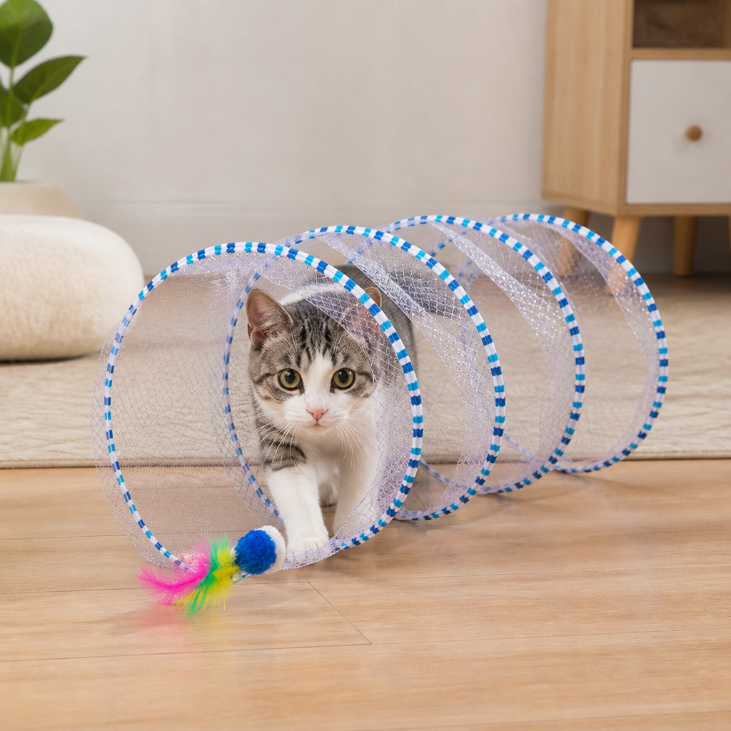 Faltbarer spiralförmiger Katzen-Spieltunnel mit Feder-Glöckchen