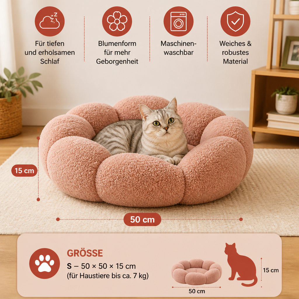 Luxuriöses flauschiges Donut-Katzenbett mit Blumenmuster – Weiches & waschbares Rundkissen