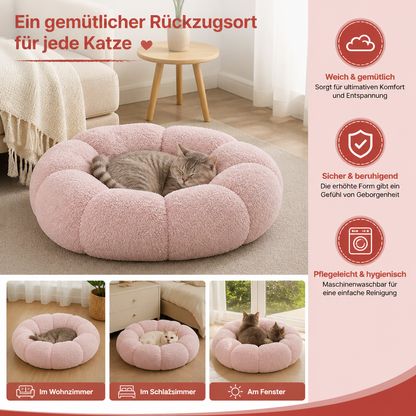 Luxuriöses flauschiges Donut-Katzenbett mit Blumenmuster – Weiches & waschbares Rundkissen