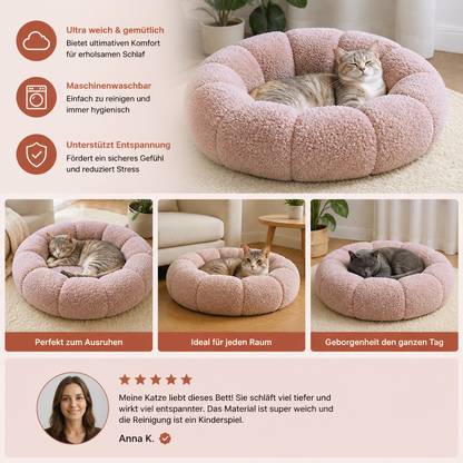 Luxuriöses flauschiges Donut-Katzenbett mit Blumenmuster – Weiches & waschbares Rundkissen