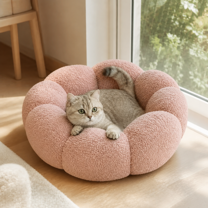 Luxuriöses flauschiges Donut-Katzenbett mit Blumenmuster – Weiches & waschbares Rundkissen