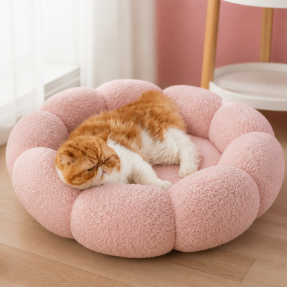 Luxuriöses flauschiges Donut-Katzenbett mit Blumenmuster – Weiches & waschbares Rundkissen