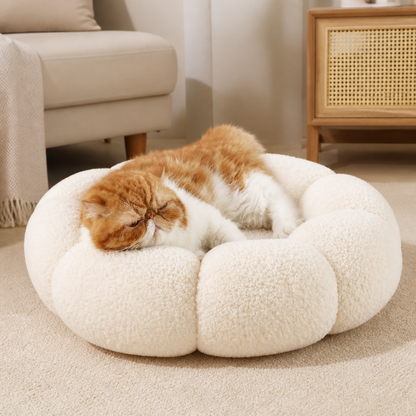 Luxuriöses flauschiges Donut-Katzenbett mit Blumenmuster – Weiches & waschbares Rundkissen