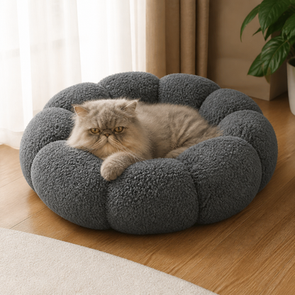 Luxuriöses flauschiges Donut-Katzenbett mit Blumenmuster – Weiches & waschbares Rundkissen
