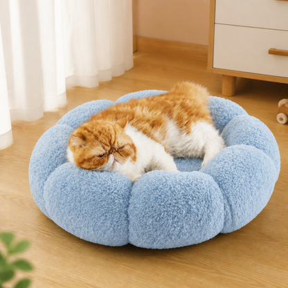 Luxuriöses flauschiges Donut-Katzenbett mit Blumenmuster – Weiches & waschbares Rundkissen
