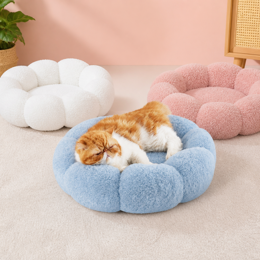 Luxuriöses flauschiges Donut-Katzenbett mit Blumenmuster – Weiches & waschbares Rundkissen