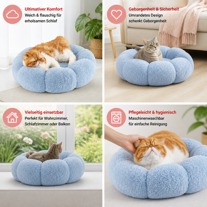 Luxuriöses flauschiges Donut-Katzenbett mit Blumenmuster – Weiches & waschbares Rundkissen