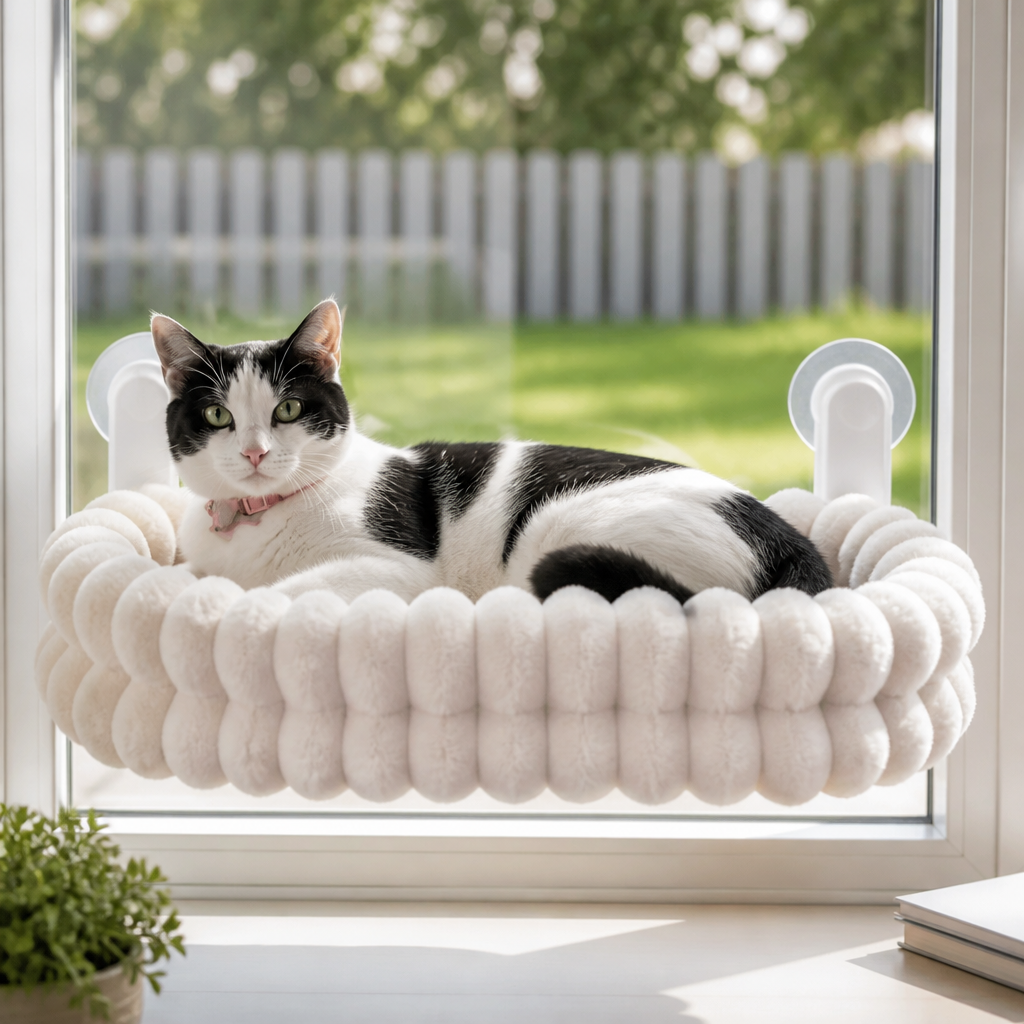 Flauschige kabellose faltbare Katzen-Fensterhängematte mit starken Saugnäpfen & waschbarem Bezug