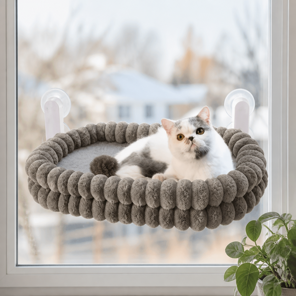 Flauschige kabellose faltbare Katzen-Fensterhängematte mit starken Saugnäpfen & waschbarem Bezug