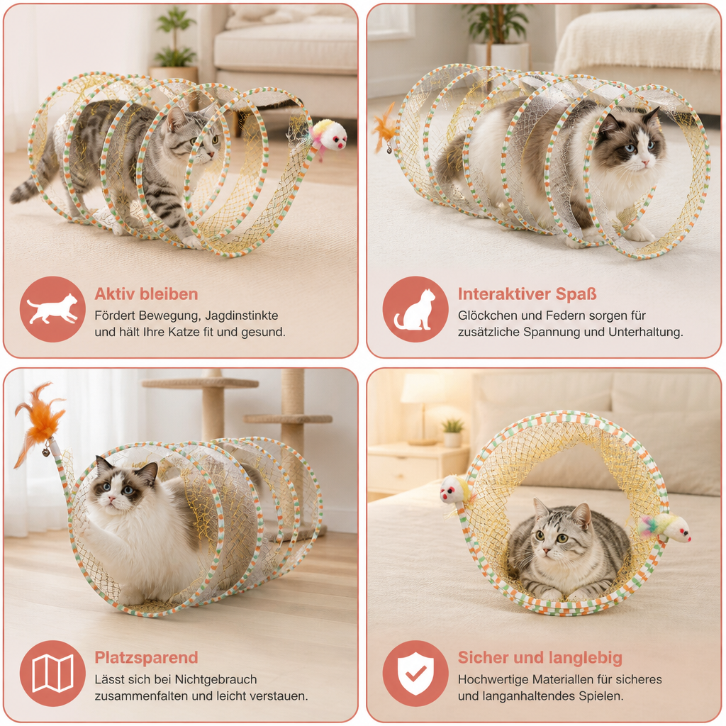 Faltbarer spiralförmiger Katzen-Spieltunnel mit Feder-Glöckchen