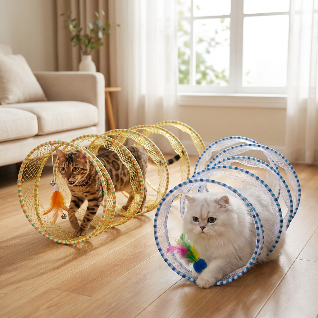 Faltbarer spiralförmiger Katzen-Spieltunnel mit Feder-Glöckchen