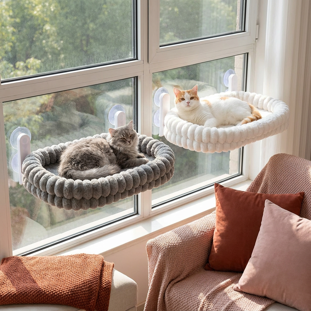 Flauschige kabellose faltbare Katzen-Fensterhängematte mit starken Saugnäpfen & waschbarem Bezug