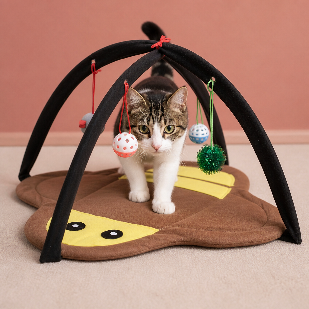 Faltbares Katzen Spielzelt mit hängenden Spielzeugen und Aktivitätsmatte