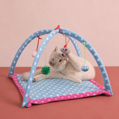 Faltbares Katzen Spielzelt mit hängenden Spielzeugen und Aktivitätsmatte