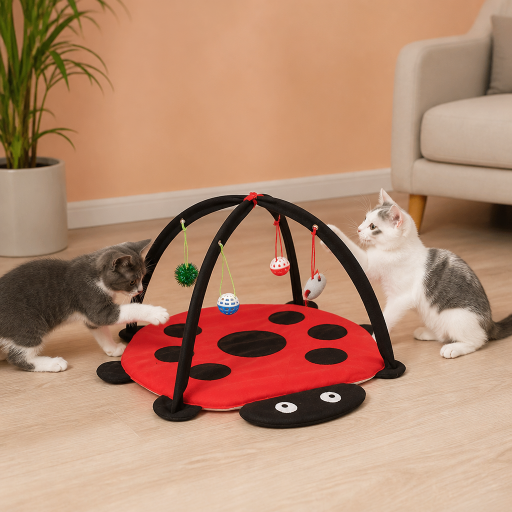 Faltbares Katzen Spielzelt mit hängenden Spielzeugen und Aktivitätsmatte