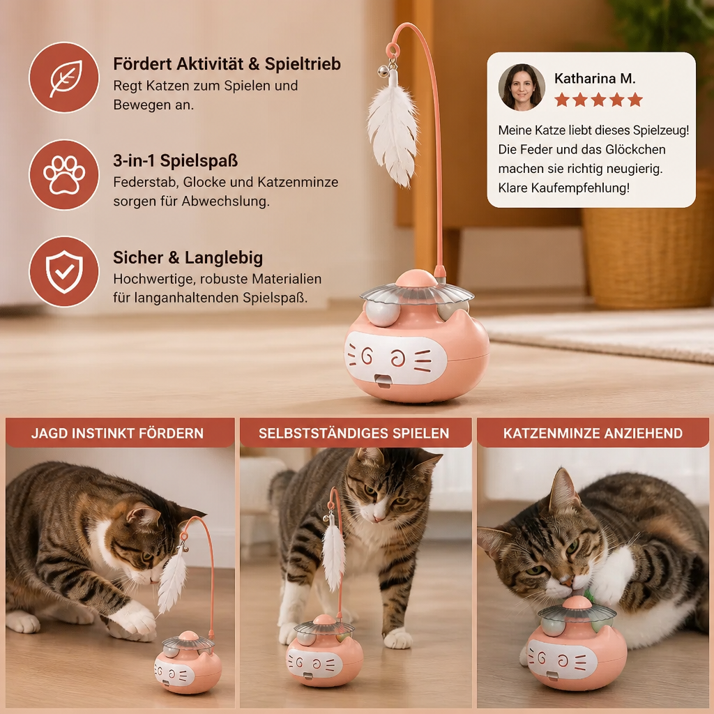 Interaktives 3-in-1-Katzenspielzeug mit Katzenminze, Federstab und Glöckchen