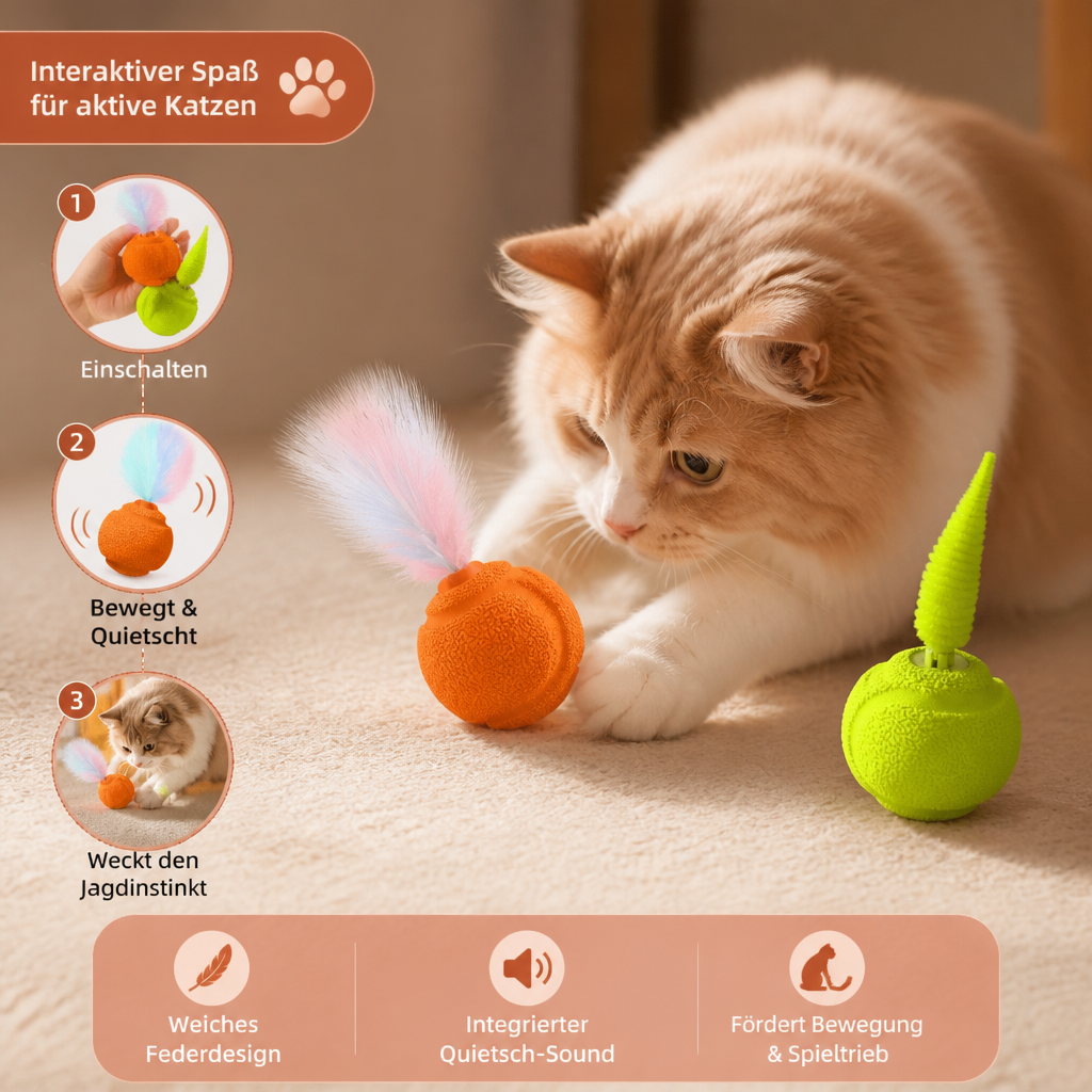 2er-Pack interaktive Katzenbälle – Plüschfeder-Schwanz und Quietschgeräusch