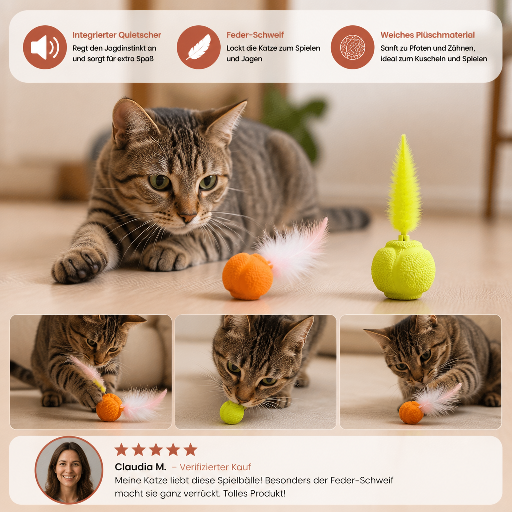 2er-Pack interaktive Katzenbälle – Plüschfeder-Schwanz und Quietschgeräusch