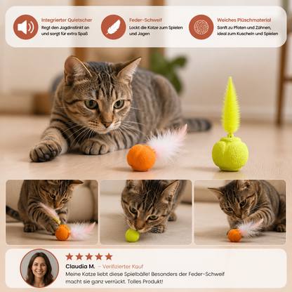 2er-Pack interaktive Katzenbälle – Plüschfeder-Schwanz und Quietschgeräusch