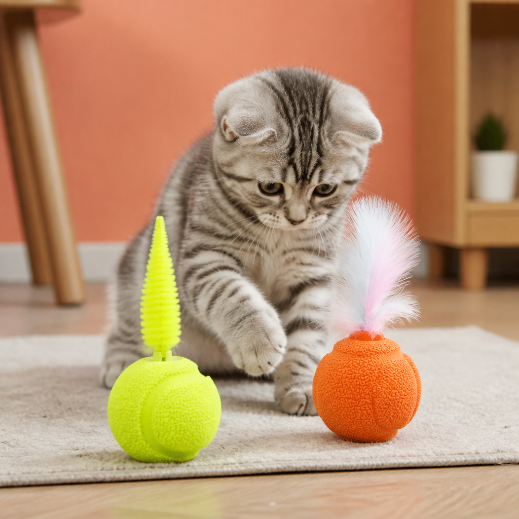 2er-Pack interaktive Katzenbälle – Plüschfeder-Schwanz und Quietschgeräusch