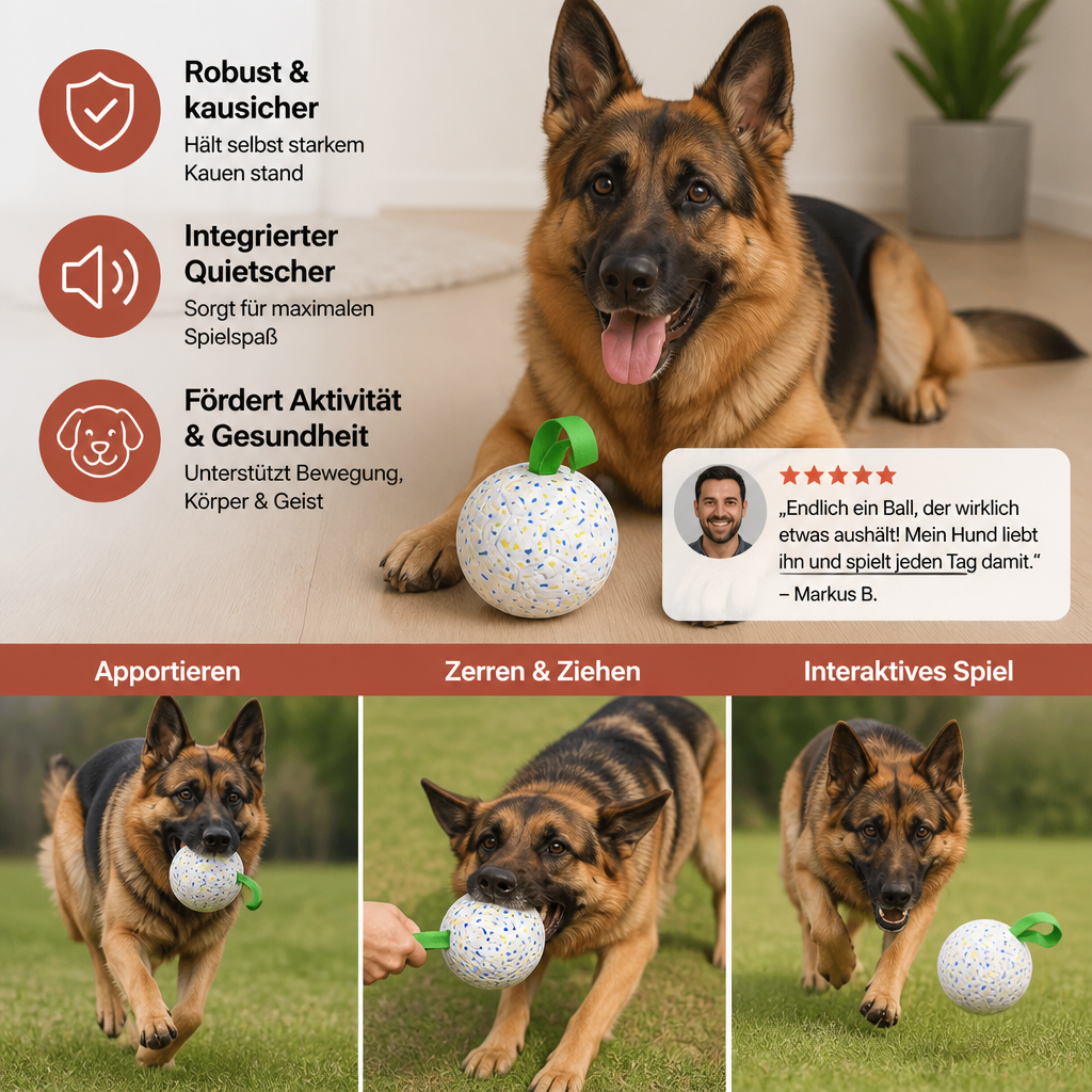 Unzerstörbarer Quietschball für Hunde – bissfestes, interaktives Zieh- und Apportierspielzeug