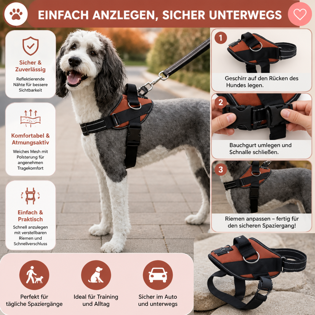 Reflektierendes verstellbares Hundegeschirr mit 3 Leinenclips – Gepolstert für Spaziergänge & Training
