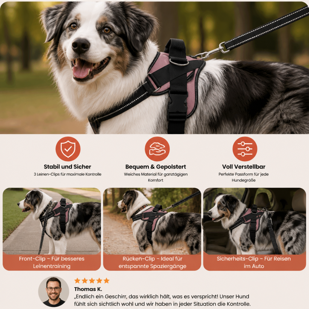 Reflektierendes verstellbares Hundegeschirr mit 3 Leinenclips – Gepolstert für Spaziergänge & Training