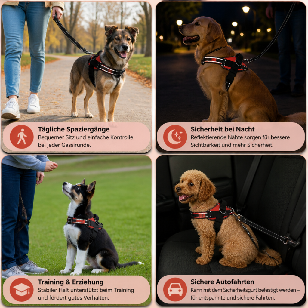 Reflektierendes verstellbares Hundegeschirr mit 3 Leinenclips – Gepolstert für Spaziergänge & Training