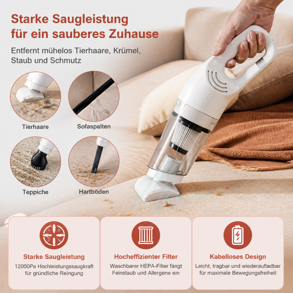 Kabelloser Tierhaarstaubsauger für Sofa und Teppich mit Starker Saugkraft