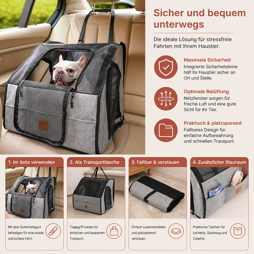 Sicherer Auto-hundesitz – Faltbare Transporttasche Mit Netzfenstern Gurtsystem