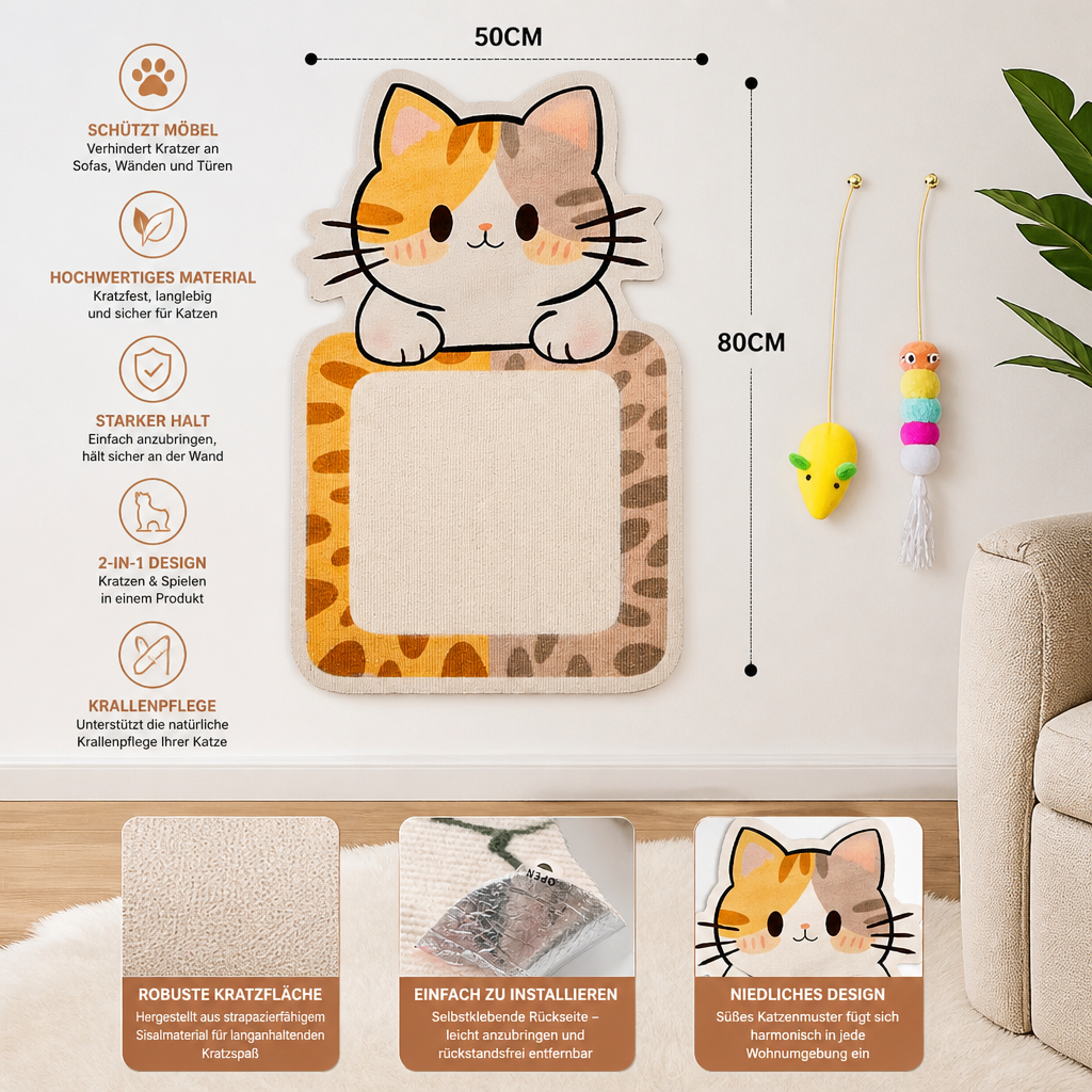 2-in-1 wandmontiertes Katzen-Kratzbrett & interaktives Spielzeug