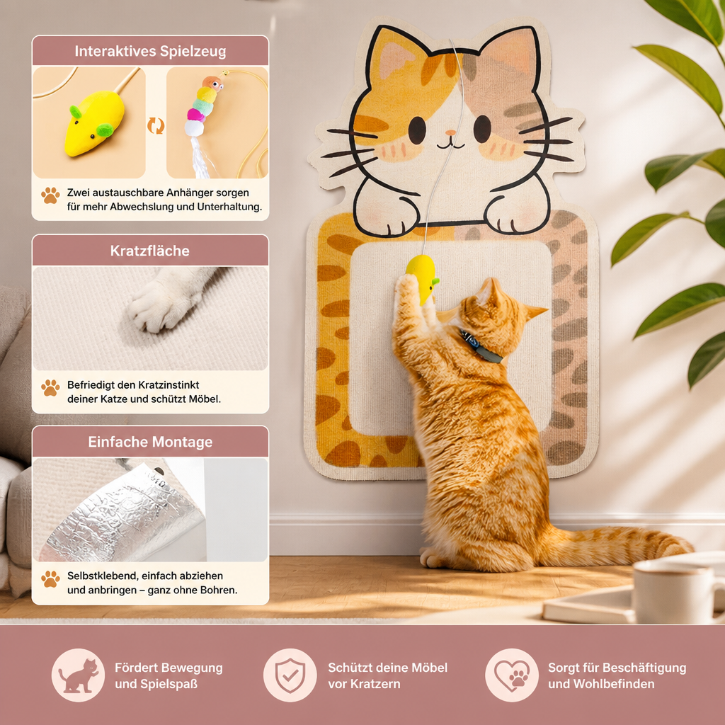 2-in-1 wandmontiertes Katzen-Kratzbrett & interaktives Spielzeug