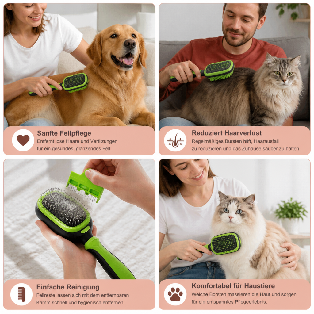 Hunde- Katzenbürste mit Entfernbarem Fellkamm – 2-in-1 Bürste für Sanfte Fellpflege