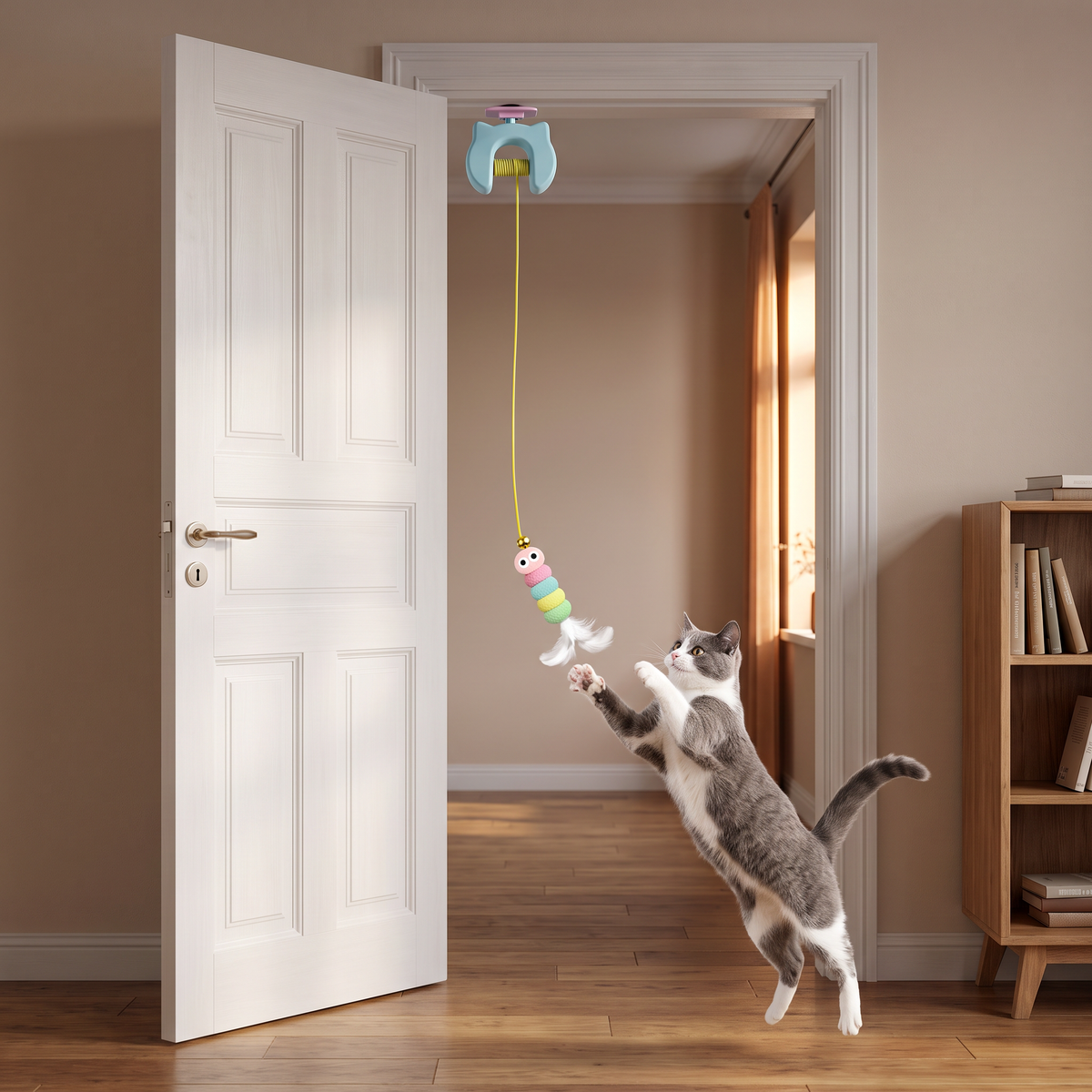 Wiederaufladbares hängendes Tür-Katzenspielzeug mit interaktiver fliegender Feder