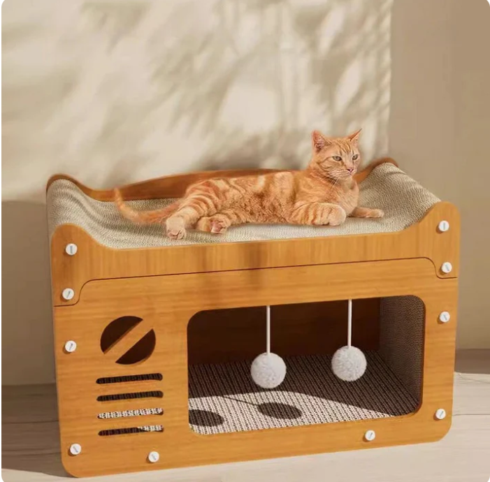 Katzenhaus mit Kratzfläche und integriertem Spielbereich