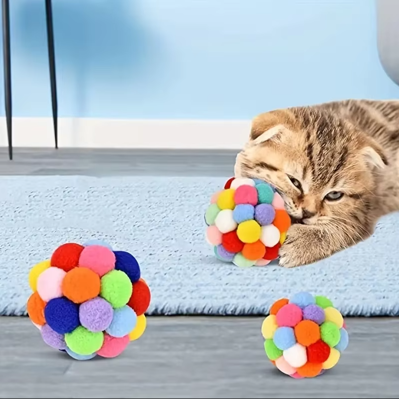 Bunter Pompom-katzenball – Weiches  Interaktives Spielzeug Für Verspielte Stubentiger